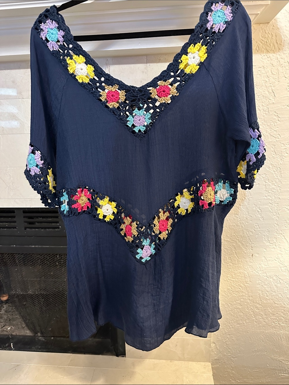 Navy Floral Crochet-Trim Swim Coverup Tunic